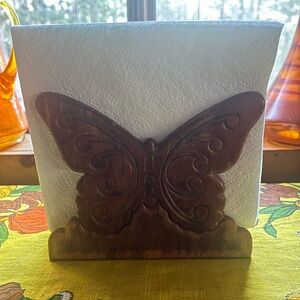 🦋 Vintage Carved Wooden Butterfly Napkin Holder Folk Art Cottagecore
